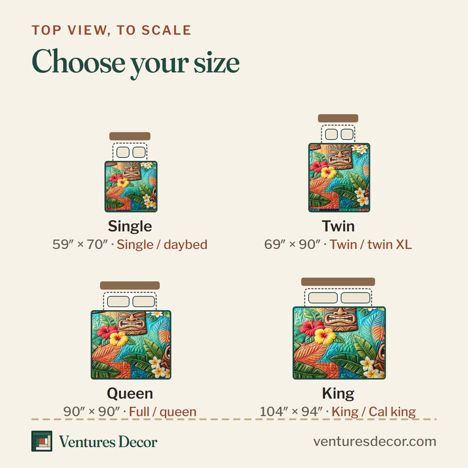 Size guide for the Tiki Bloom quilt, top view to scale: Single 59 x 70 in, Twin 69 x 90 in, Queen 90 x 90 in, King 104 x 94 in