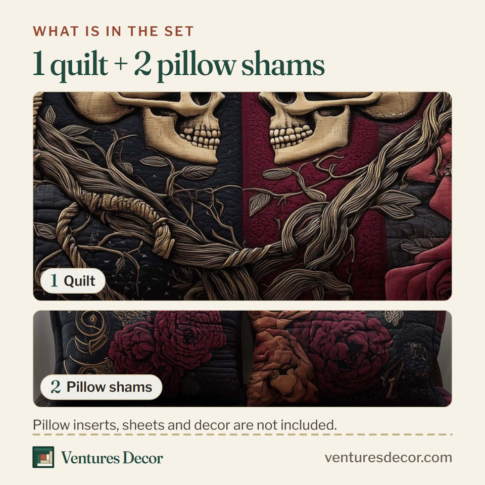 What is in the set: one quilt and two pillow shams, shown in the Til Death Skull Union design