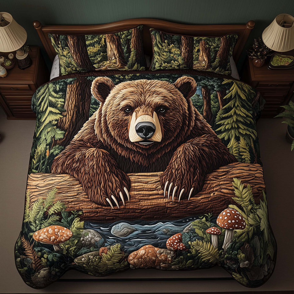Timber Bear Log Lounge quilted bedding set, quilt and two pillow shams on a made bed