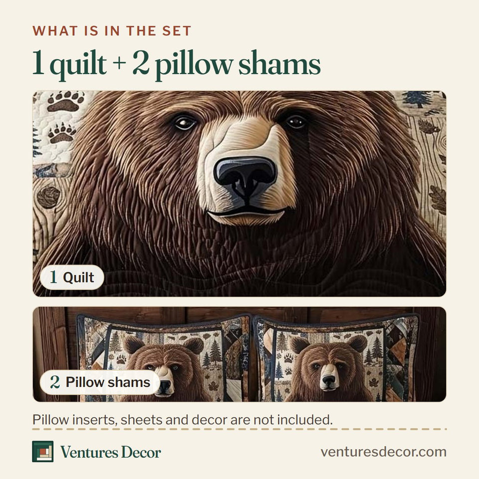 What is in the set: one quilt and two pillow shams, shown in the Timber Crown Bear Gaze design