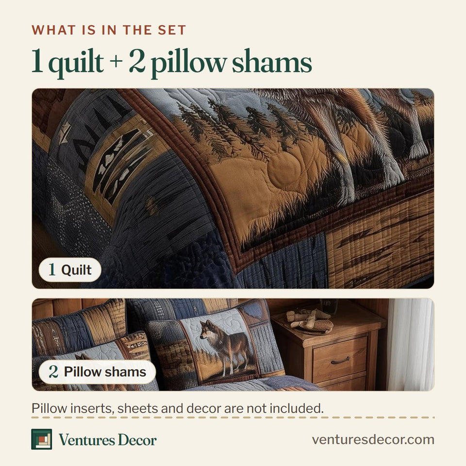 What is in the set: one quilt and two pillow shams, shown in the Timber Wolf Denim Trail design