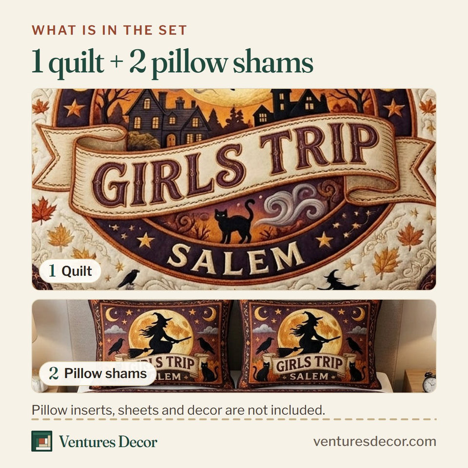 What is in the set: one quilt and two pillow shams, shown in the Time To Get Witches design