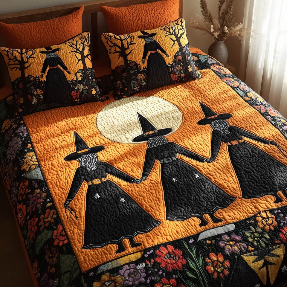 Timeless Magic Moon Dance quilted bedding set, quilt and two pillow shams on a made bed
