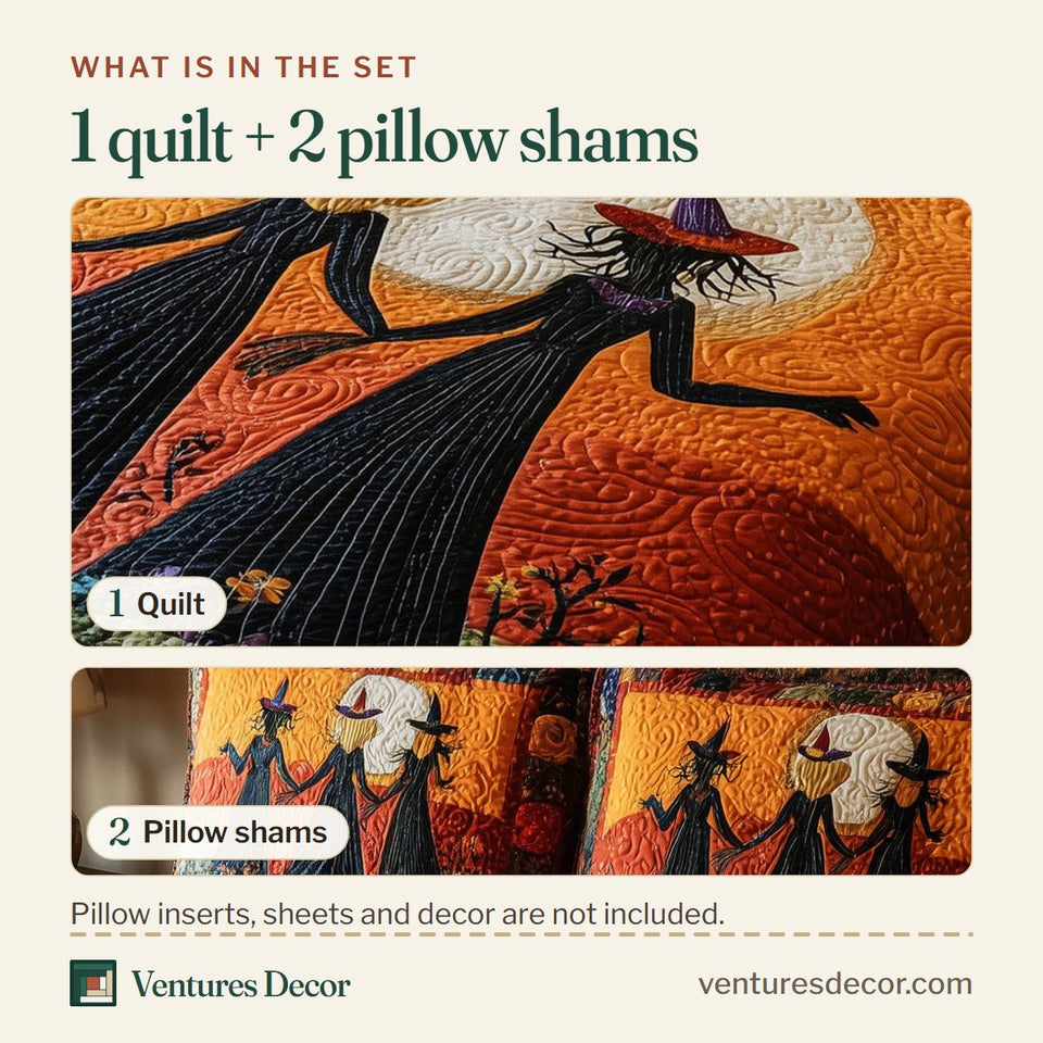 What is in the set: one quilt and two pillow shams, shown in the Timeless Magic Witches and Black Cat design