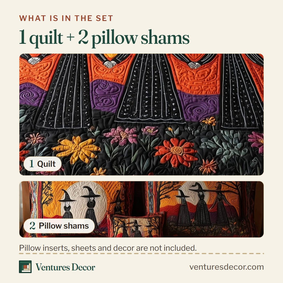 What is in the set: one quilt and two pillow shams, shown in the Timeless Magic Witches Holding Hands at Sunset design