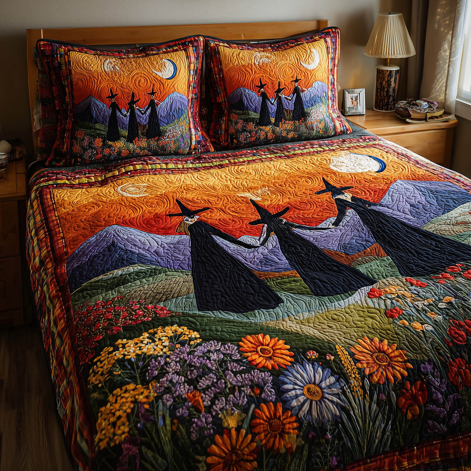Timeless Magic Witches on Purple Hills quilted bedding set, quilt and two pillow shams on a made bed