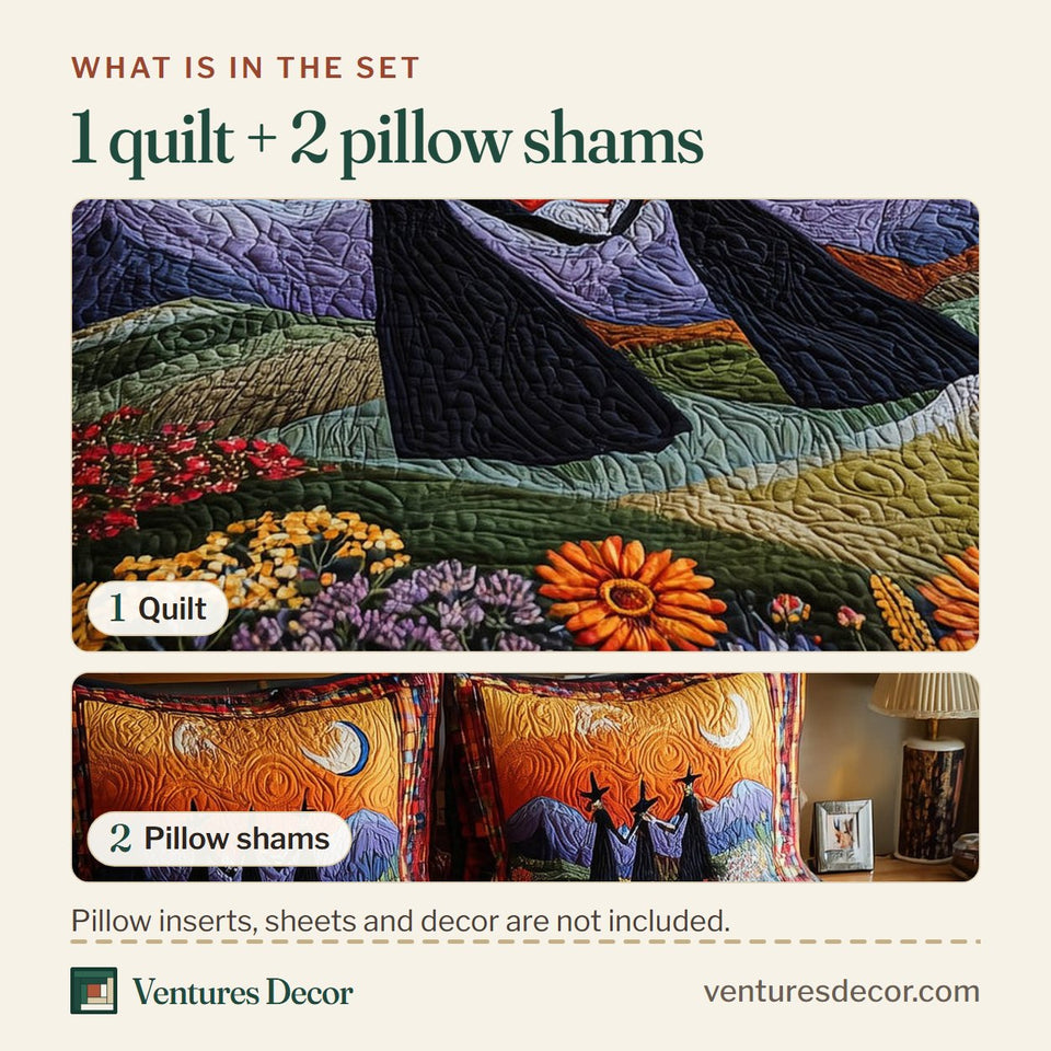 What is in the set: one quilt and two pillow shams, shown in the Timeless Magic Witches on Purple Hills design