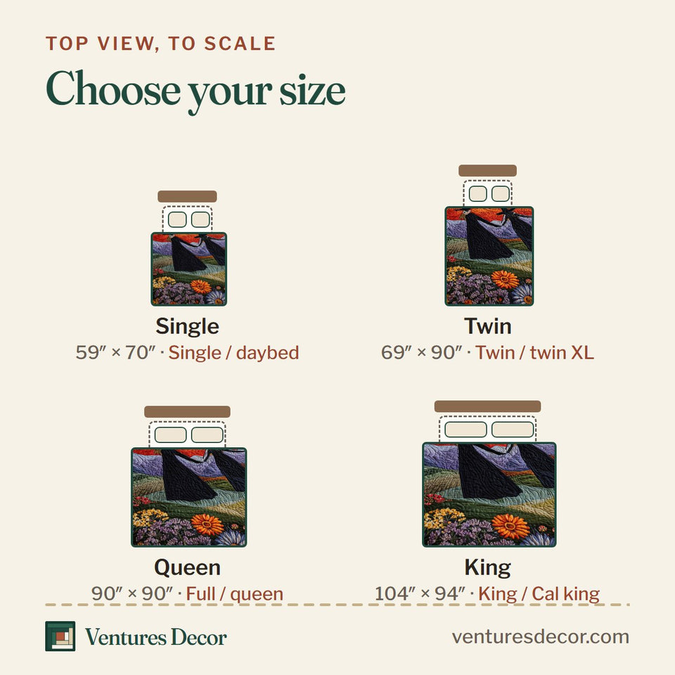 Size guide for the Timeless Magic Witches on Purple Hills quilt, top view to scale: Single 59 x 70 in, Twin 69 x 90 in, Queen 90 x 90 in, King 104 x 94 in