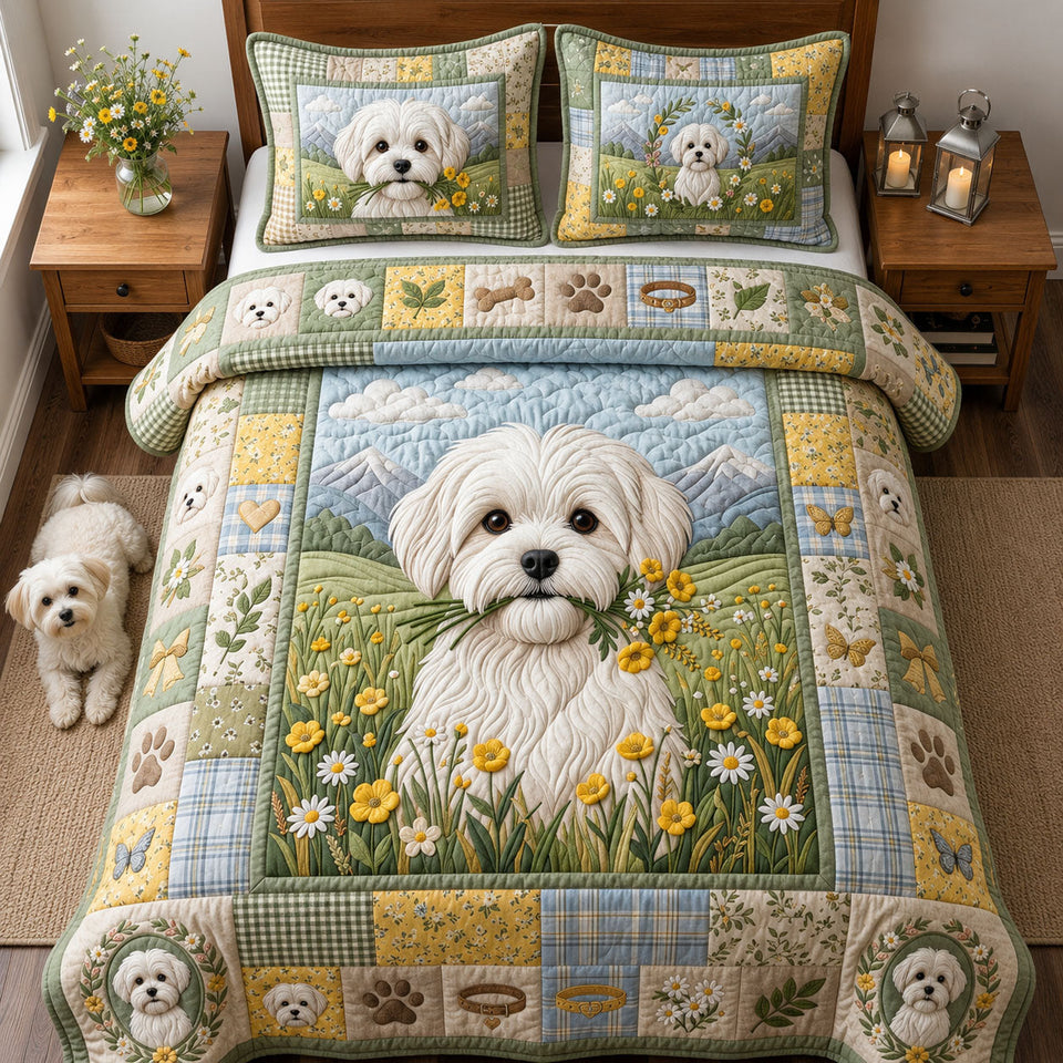 Tiny Bouquet Maltese quilted bedding set, quilt and two pillow shams on a made bed