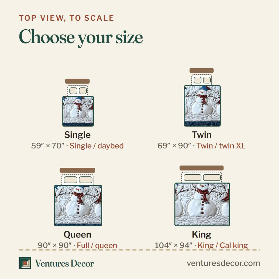 Size guide for the Tis The Season to Sparkle Snowflake Border Snowmen quilt, top view to scale: Single 59 x 70 in, Twin 69 x 90 in, Queen 90 x 90 in, King 104 x 94 in