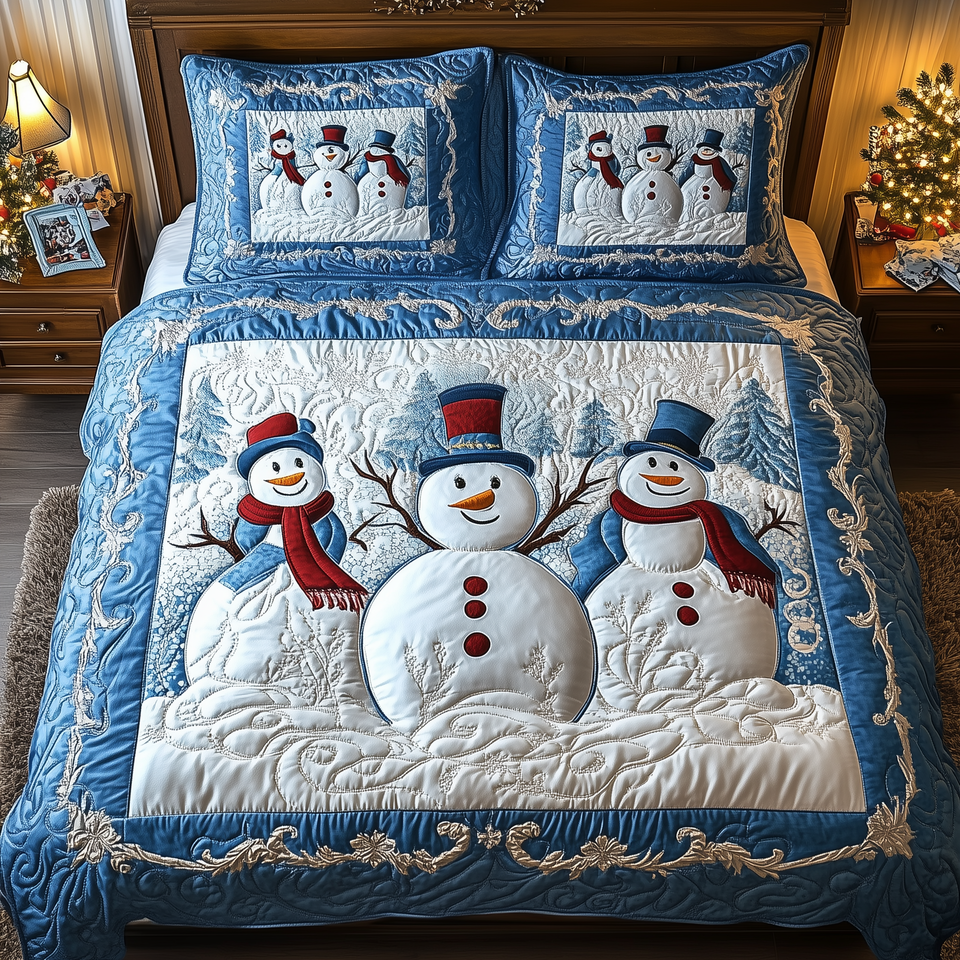 Tis The Season to Sparkle Snowmen on White Snowbank quilted bedding set, quilt and two pillow shams on a made bed