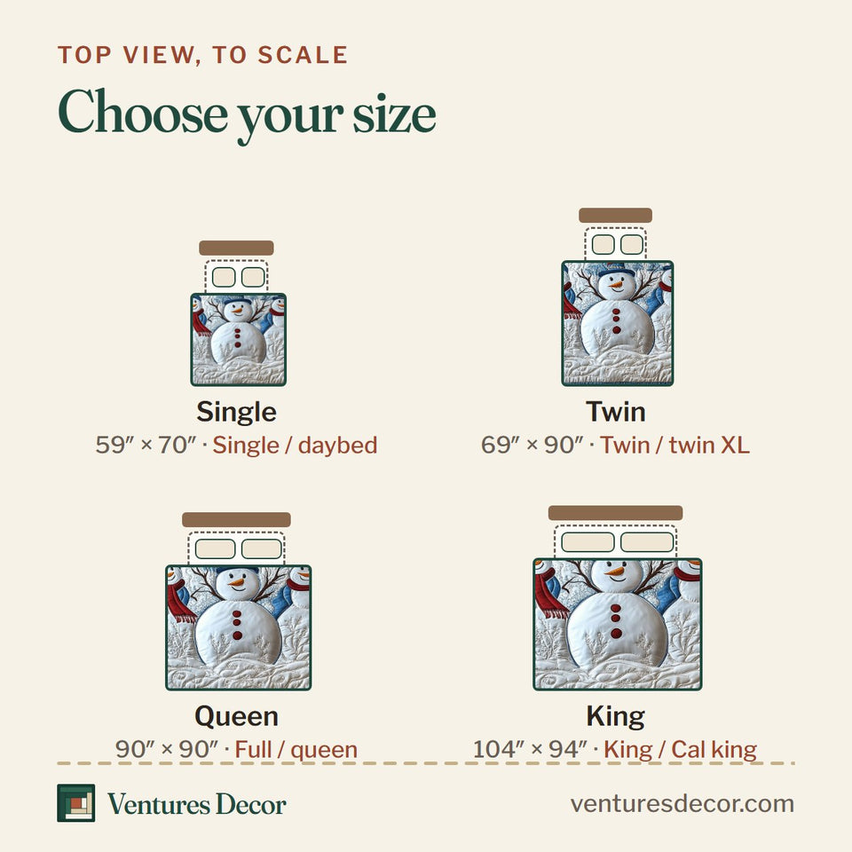 Size guide for the Tis The Season to Sparkle Snowmen on White Snowbank quilt, top view to scale: Single 59 x 70 in, Twin 69 x 90 in, Queen 90 x 90 in, King 104 x 94 in