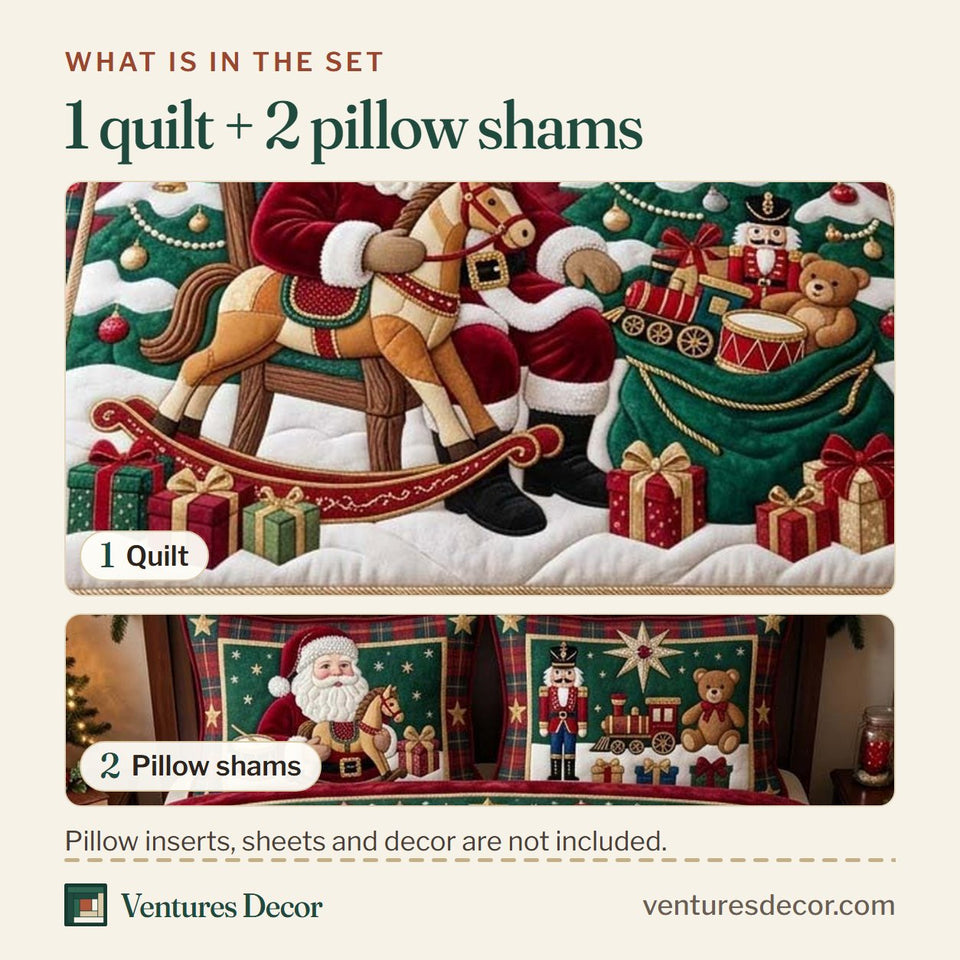 What is in the set: one quilt and two pillow shams, shown in the Toy Workshop Christmas design
