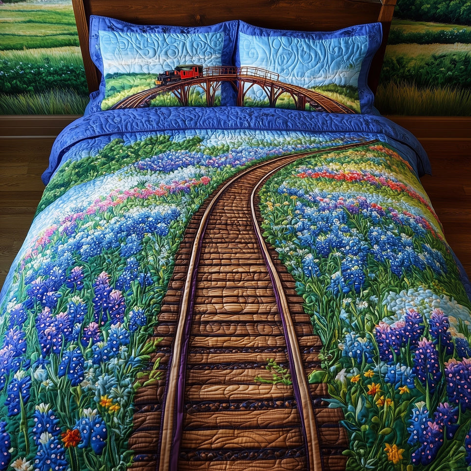 Tracks of Texas Red Bridge Crossing quilted bedding set, quilt and two pillow shams on a made bed