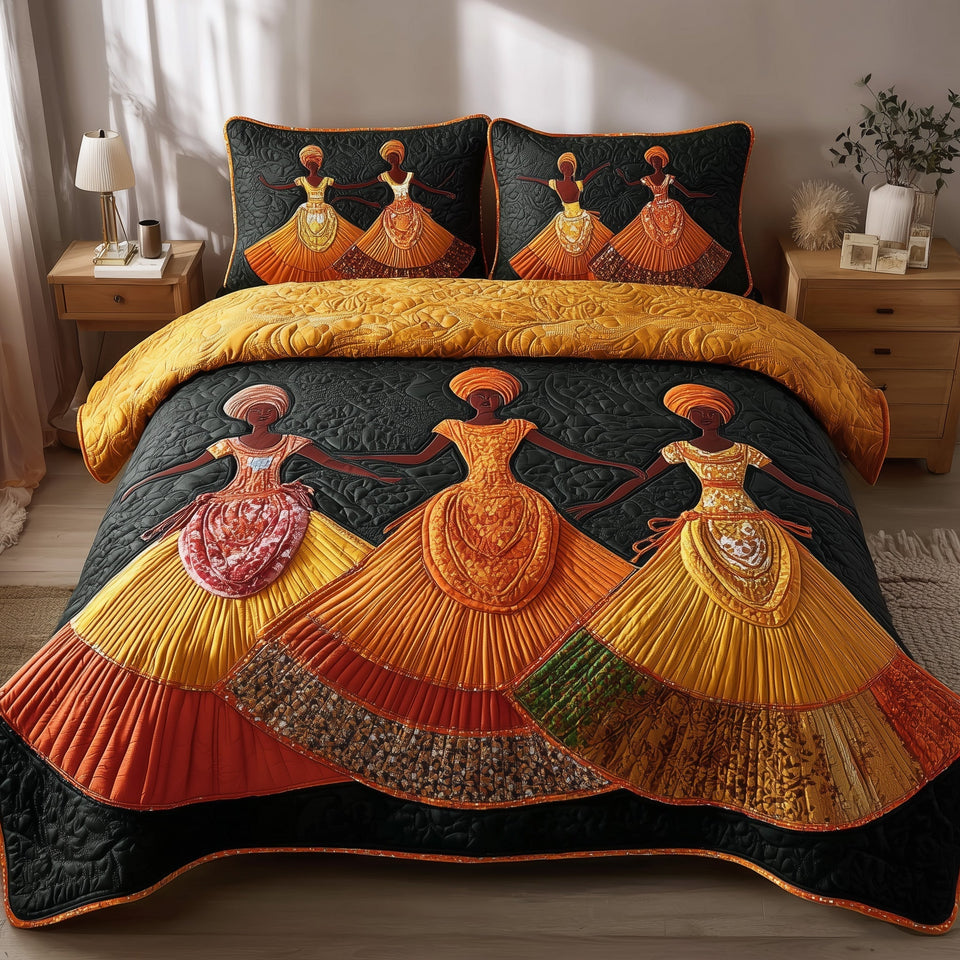 Traditional Dancing Fan Skirts on Charcoal quilted bedding set, quilt and two pillow shams on a made bed