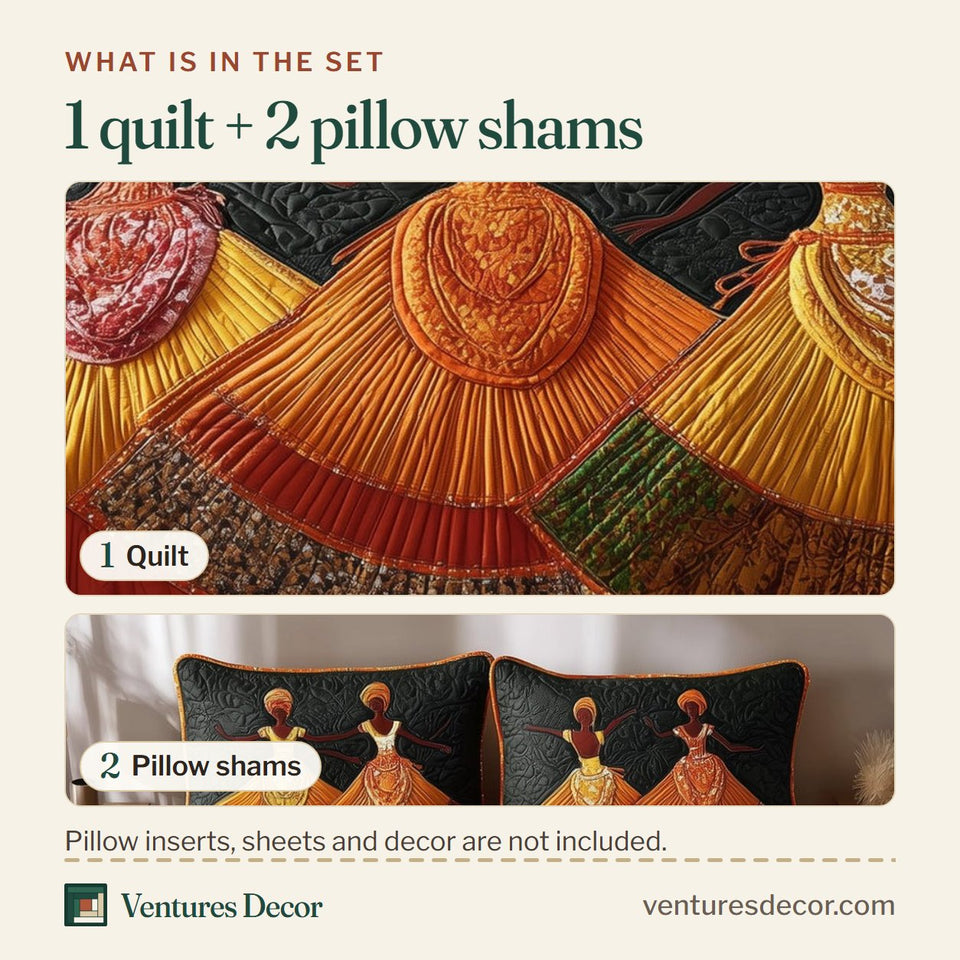 What is in the set: one quilt and two pillow shams, shown in the Traditional Dancing Fan Skirts on Charcoal design