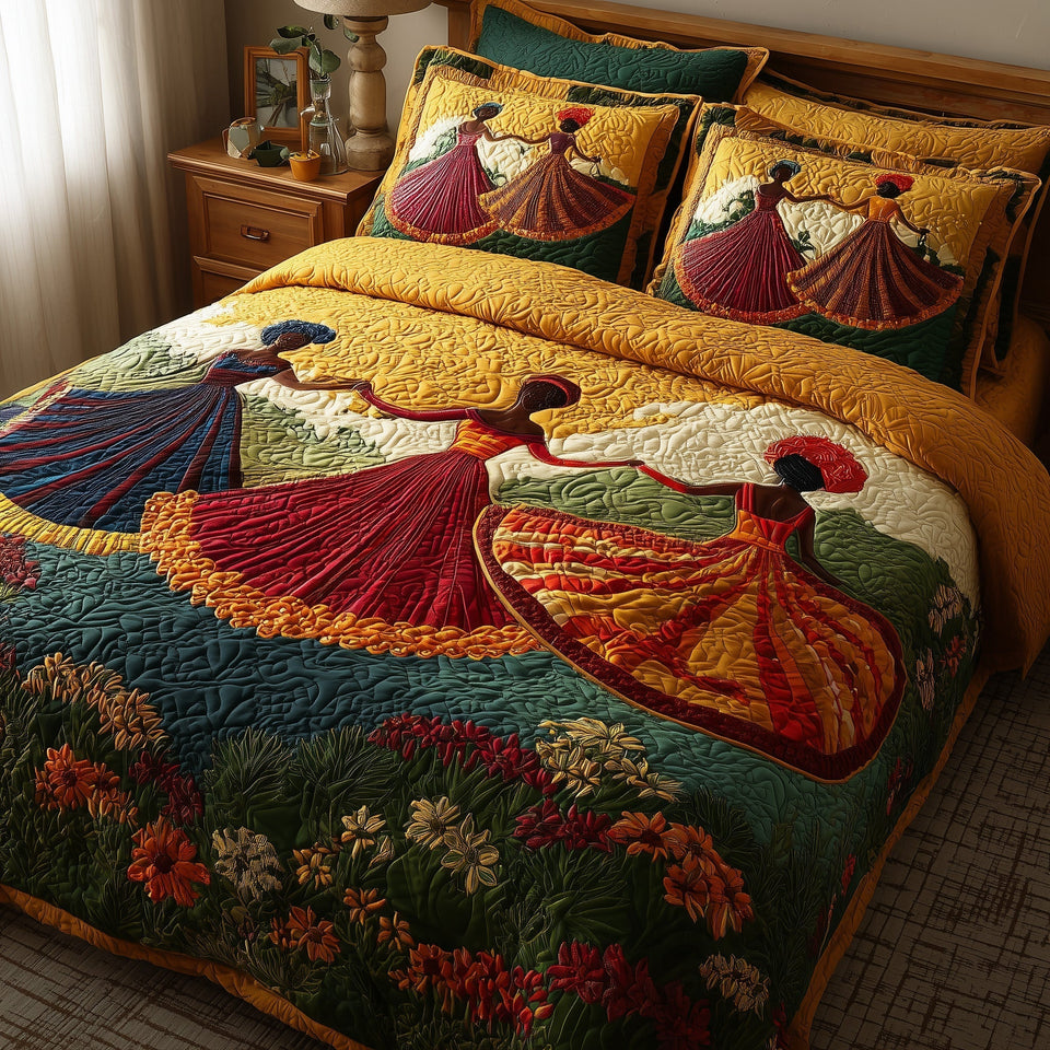 Traditional Dancing Flowered Meadow Scene quilted bedding set, quilt and two pillow shams on a made bed