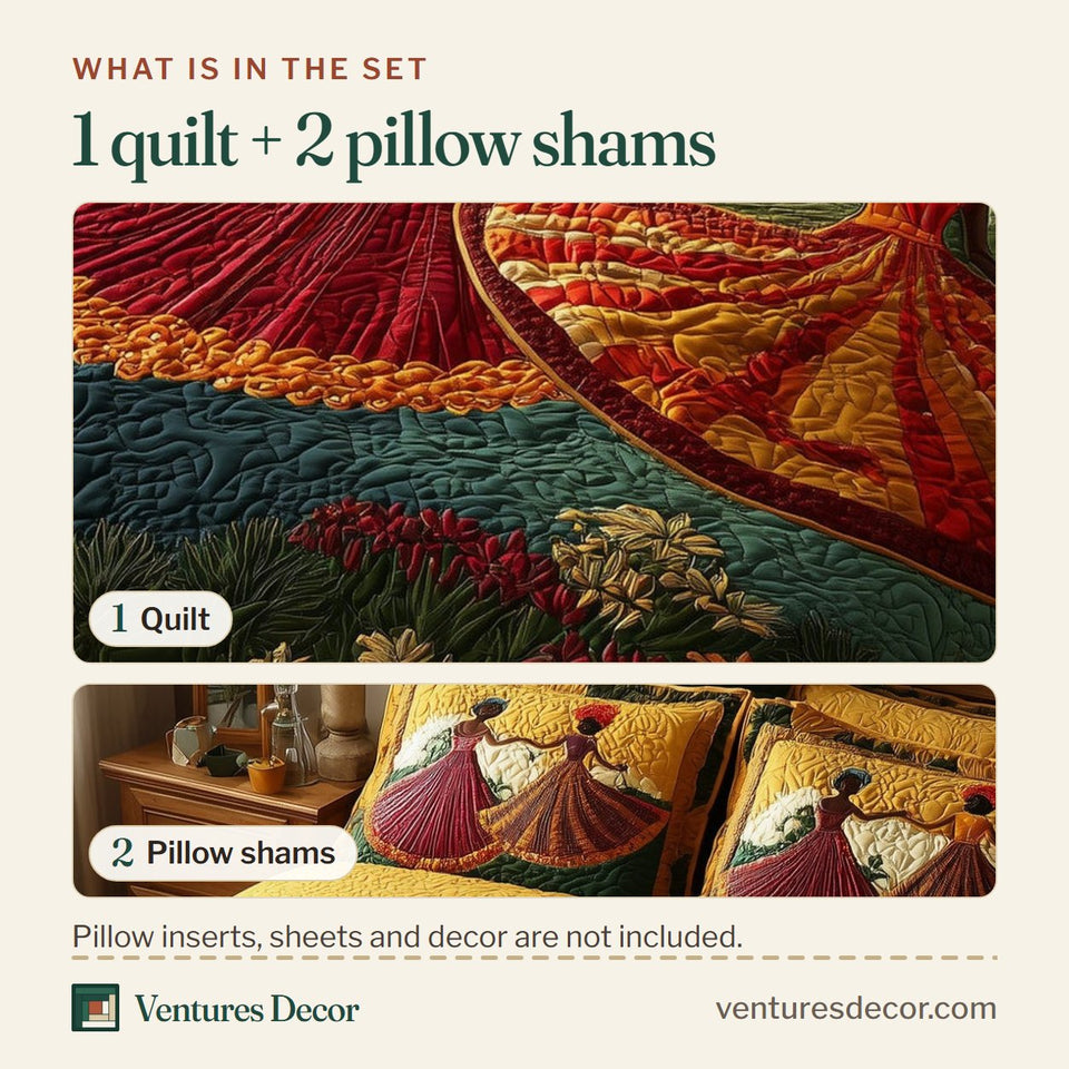 What is in the set: one quilt and two pillow shams, shown in the Traditional Dancing Flowered Meadow Scene design