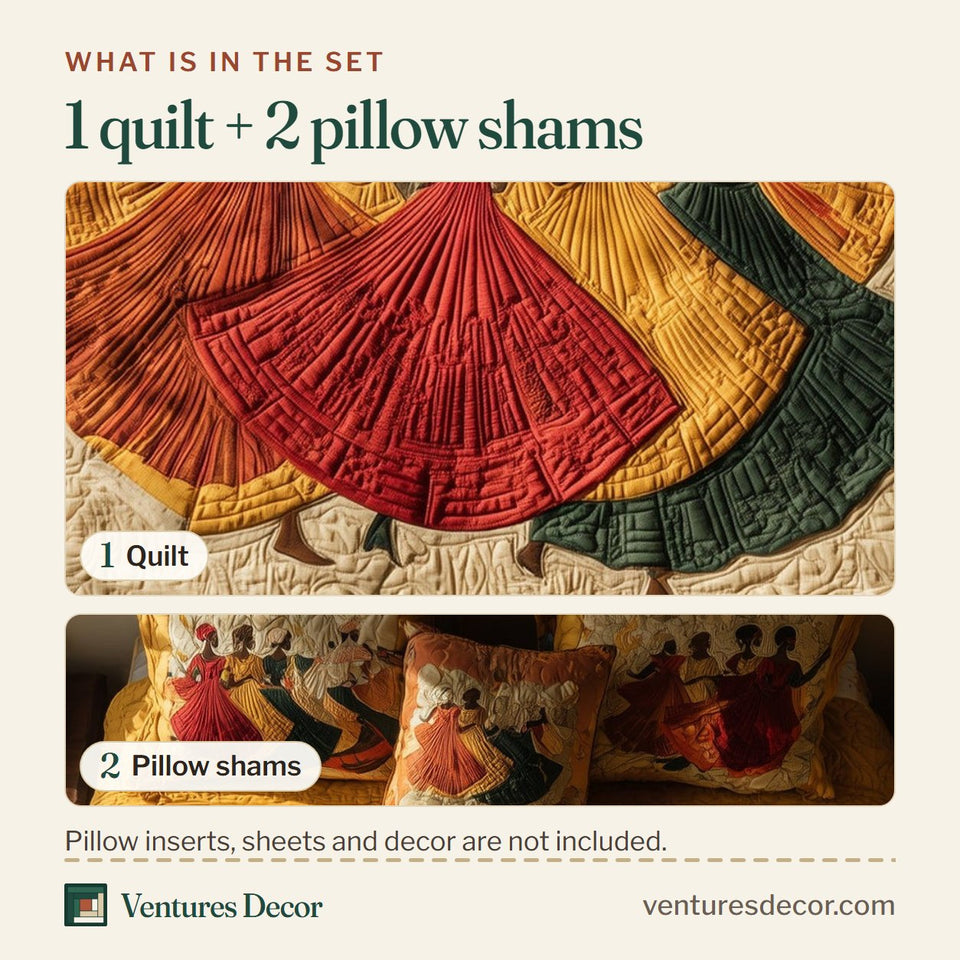 What is in the set: one quilt and two pillow shams, shown in the Traditional Dancing Patchwork Frame Panel design