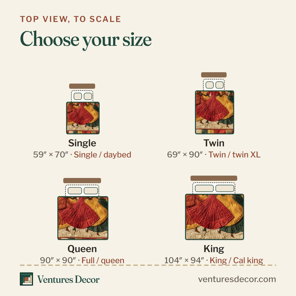 Size guide for the Traditional Dancing Patchwork Frame Panel quilt, top view to scale: Single 59 x 70 in, Twin 69 x 90 in, Queen 90 x 90 in, King 104 x 94 in