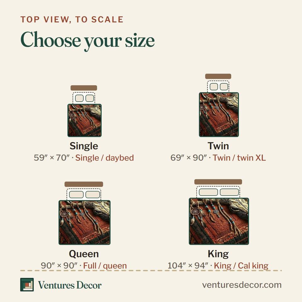 Size guide for the Trailblazer Spirit Rust Longhorn Dreamcatcher quilt, top view to scale: Single 59 x 70 in, Twin 69 x 90 in, Queen 90 x 90 in, King 104 x 94 in