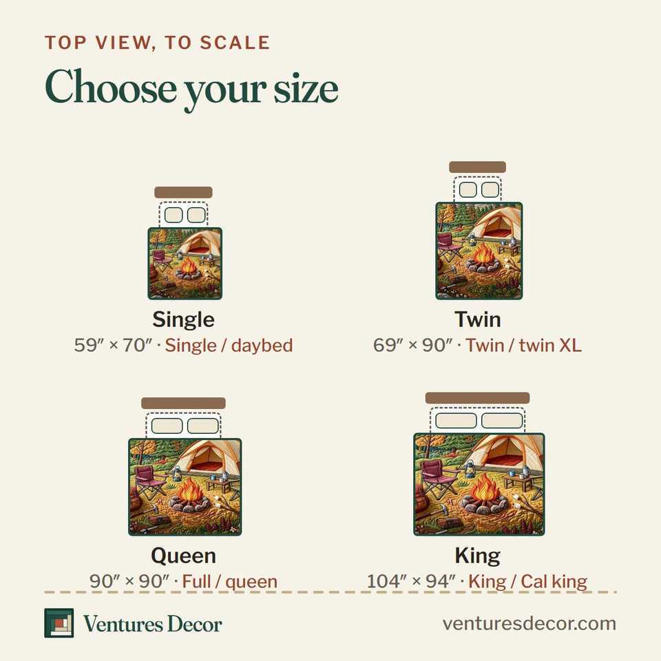 Size guide for the Trailhead Camp quilt, top view to scale: Single 59 x 70 in, Twin 69 x 90 in, Queen 90 x 90 in, King 104 x 94 in