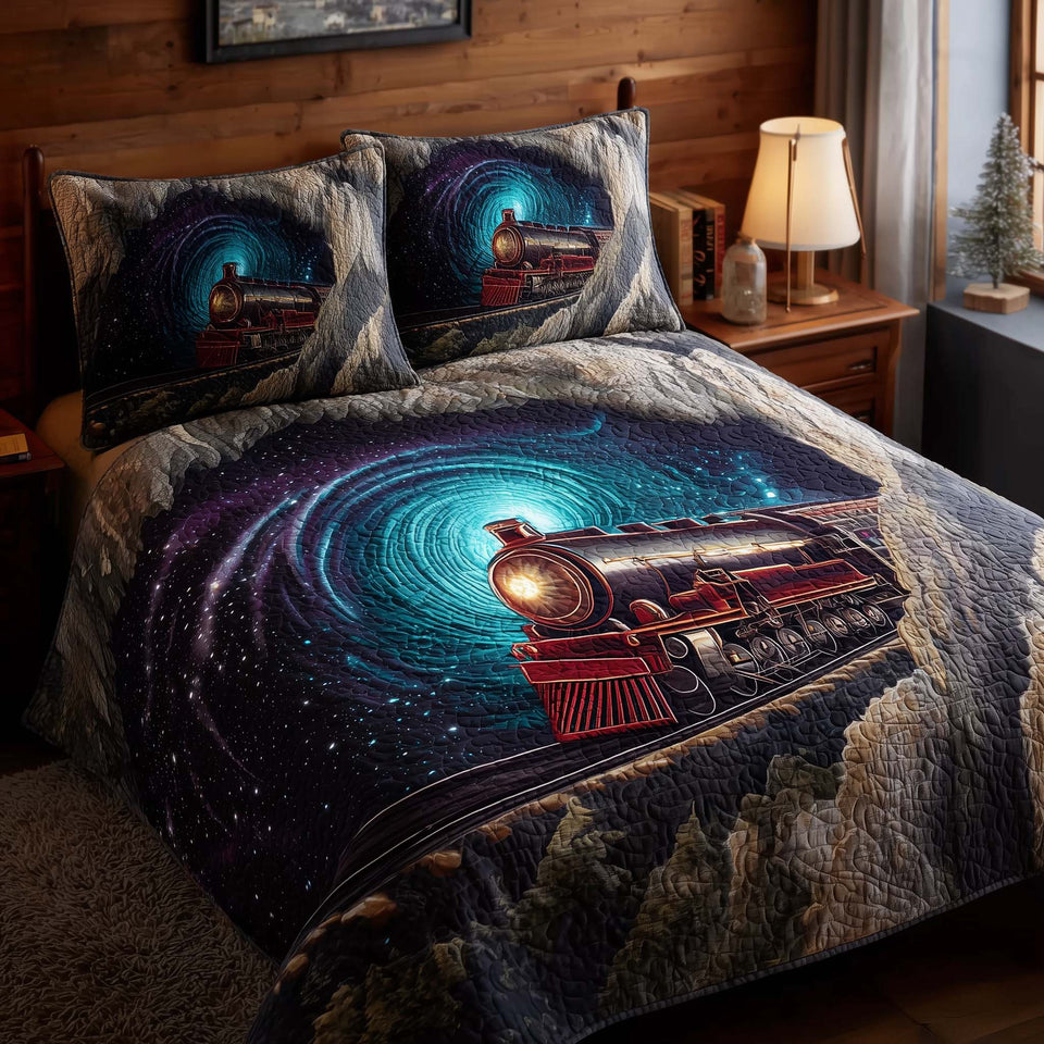 Train Journey Cosmic Purple Vortex quilted bedding set, quilt and two pillow shams on a made bed