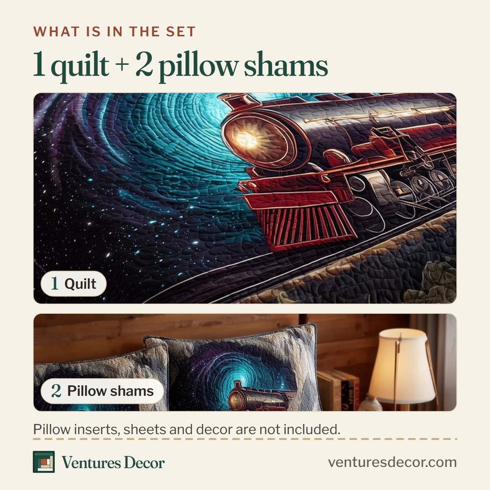 What is in the set: one quilt and two pillow shams, shown in the Train Journey Cosmic Purple Vortex design