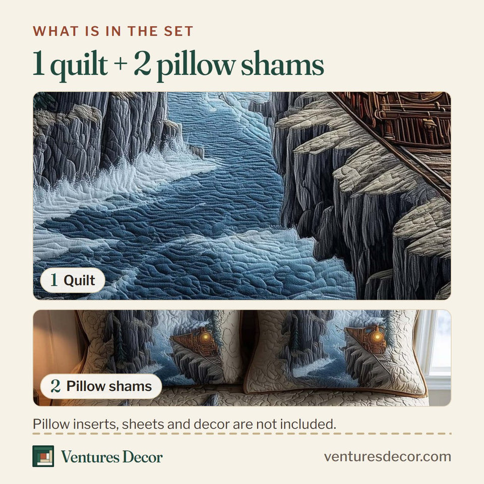 What is in the set: one quilt and two pillow shams, shown in the Train Journey Frozen River Cliffs design