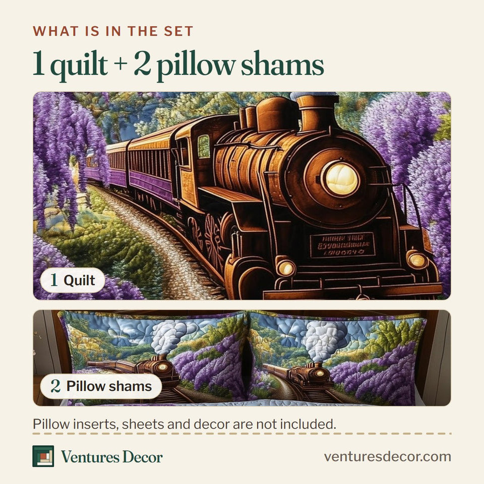 What is in the set: one quilt and two pillow shams, shown in the Train Journey Lavender Hillside design
