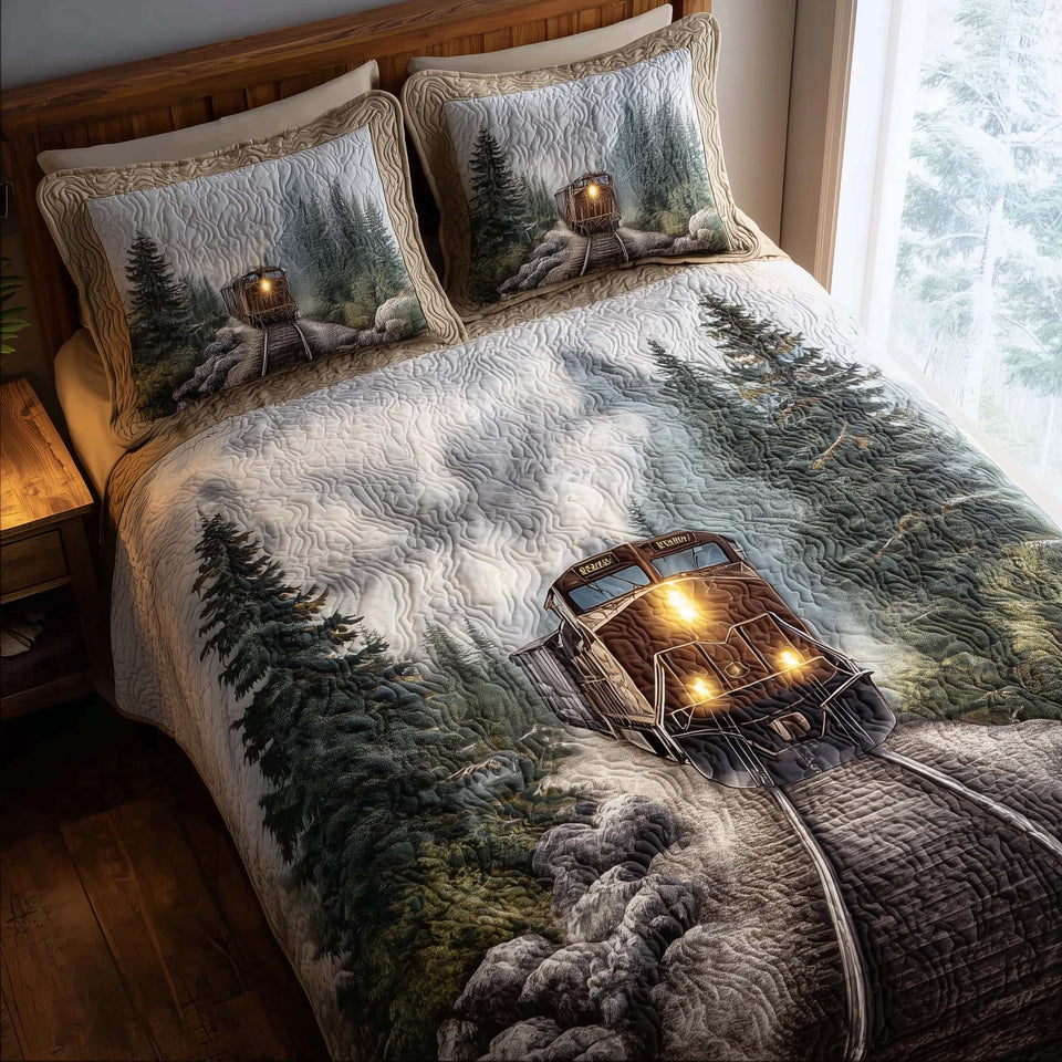 Train Journey Misty Pine Curve quilted bedding set, quilt and two pillow shams on a made bed