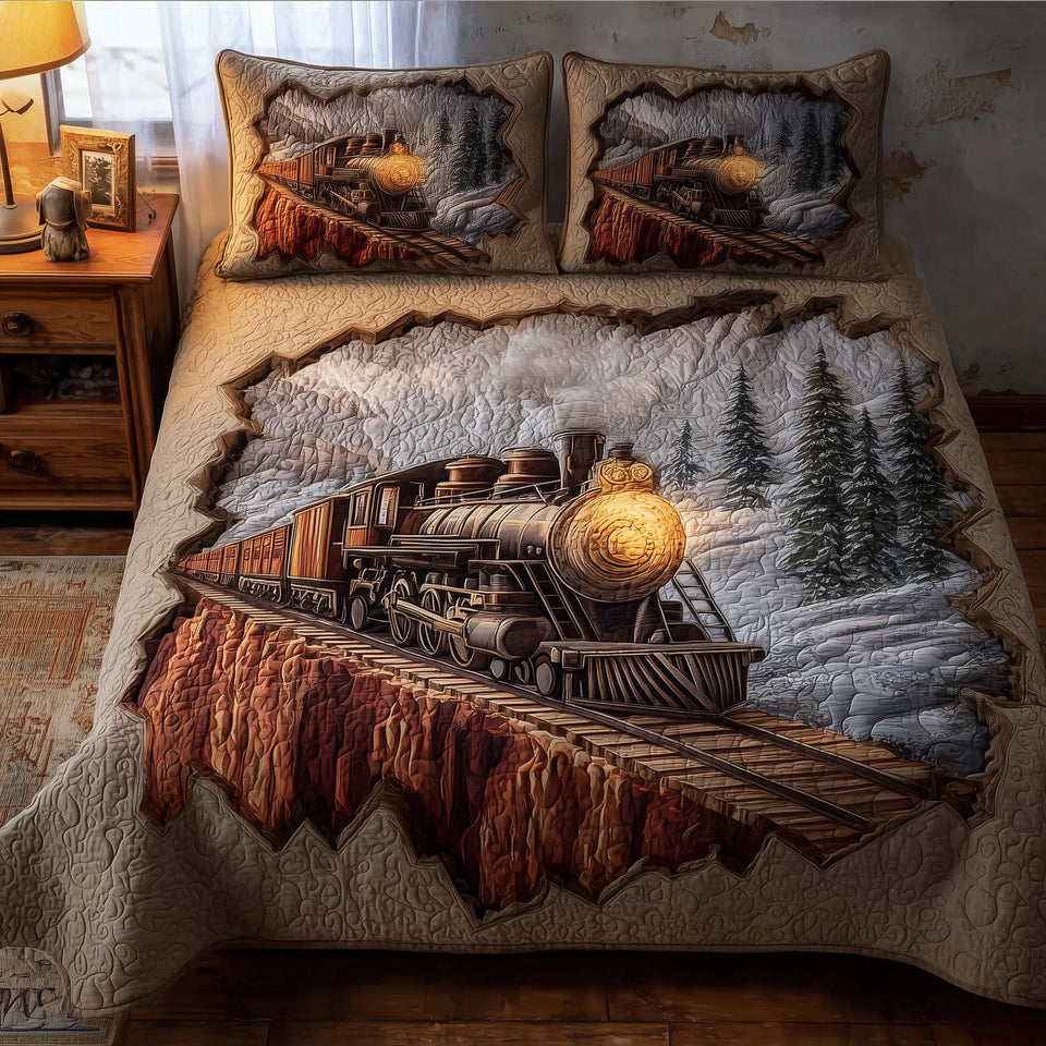 Train Journey Red Canyon Trestle quilted bedding set, quilt and two pillow shams on a made bed