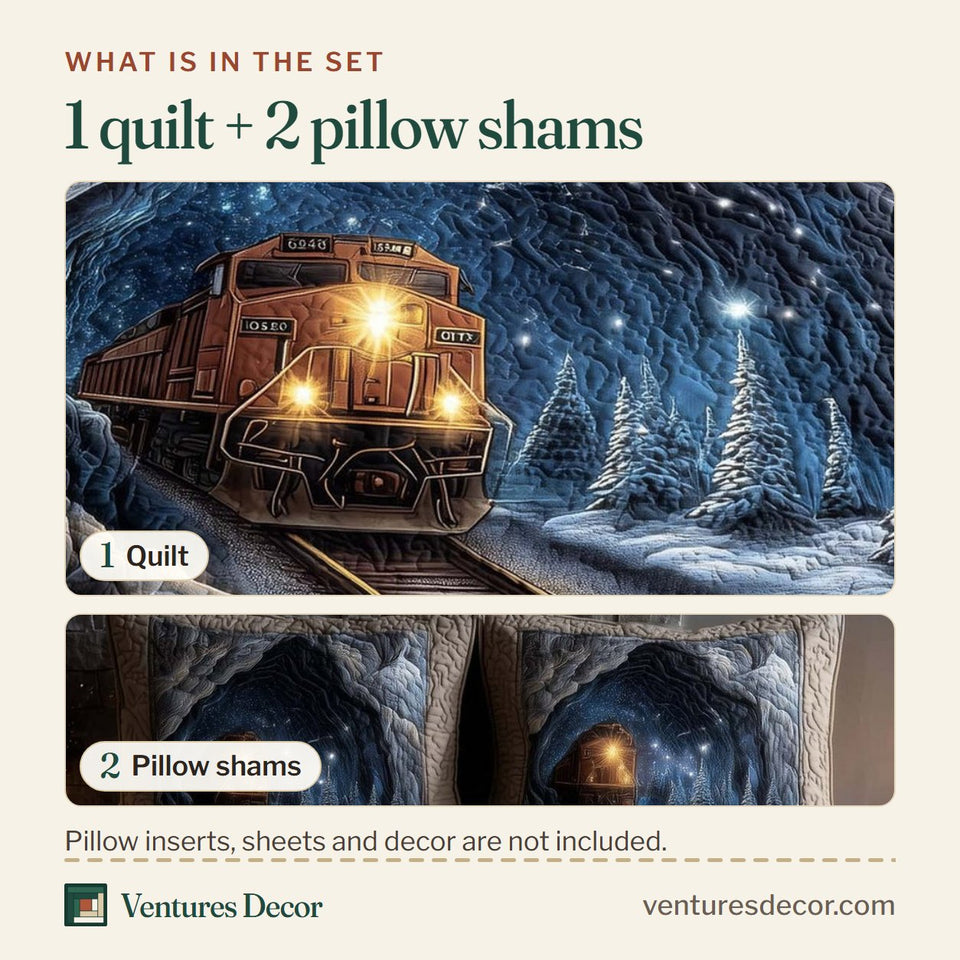 What is in the set: one quilt and two pillow shams, shown in the Train Journey Starlit Cavern Night design