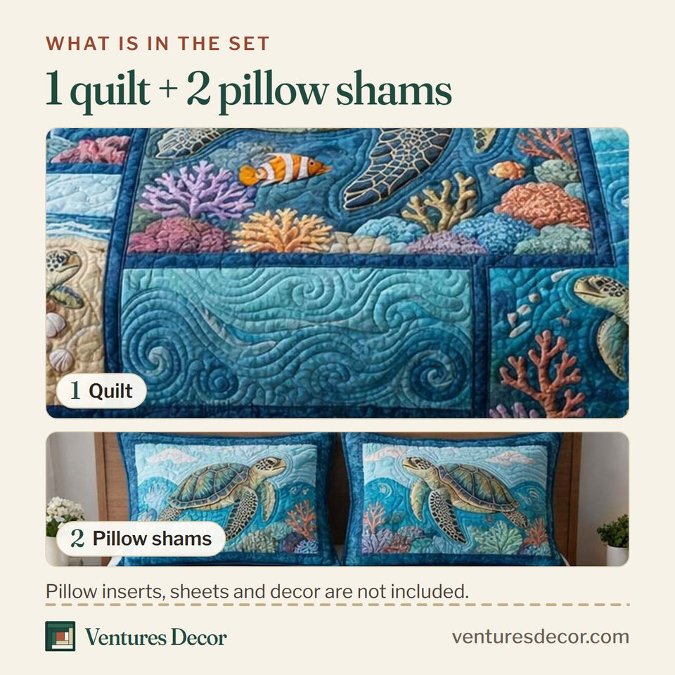 What is in the set: one quilt and two pillow shams, shown in the Tranquil Turtle Reef Patchwork Panels design
