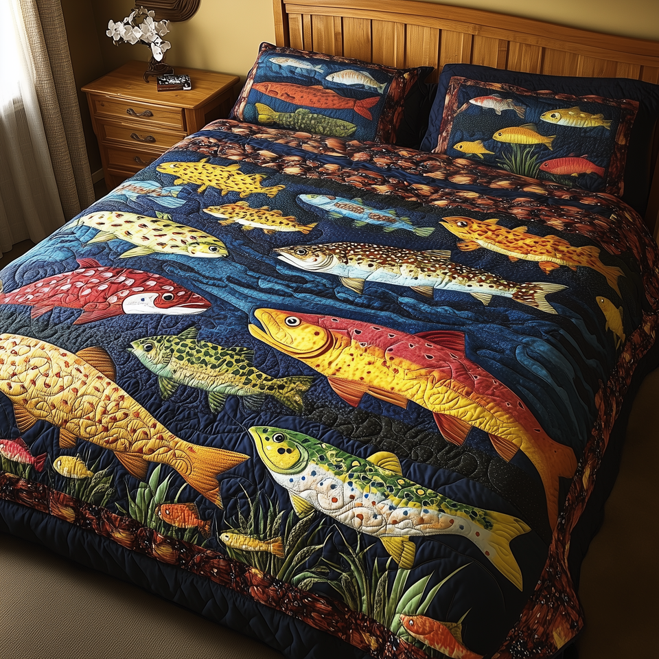 Treasuresfish-3-Piece-Quilted-Bedding-Set quilted bedding set, quilt and two pillow shams on a made bed