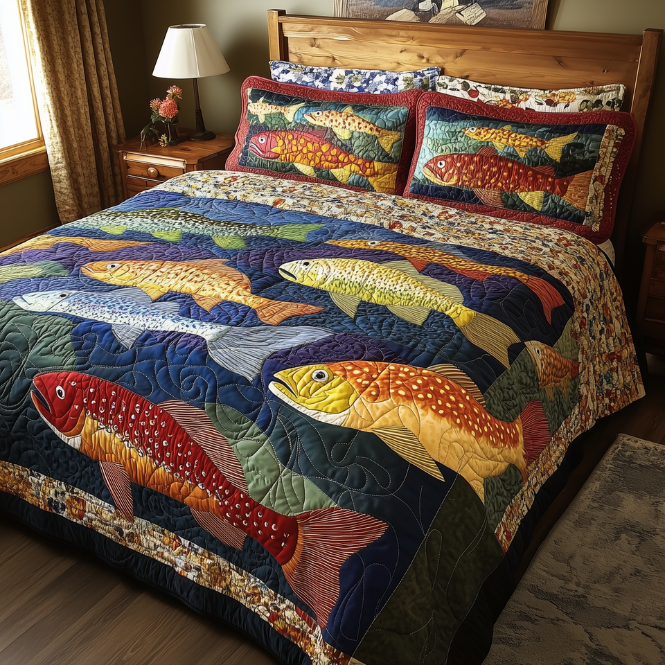 Treasuresfish quilted bedding set, quilt and two pillow shams on a made bed