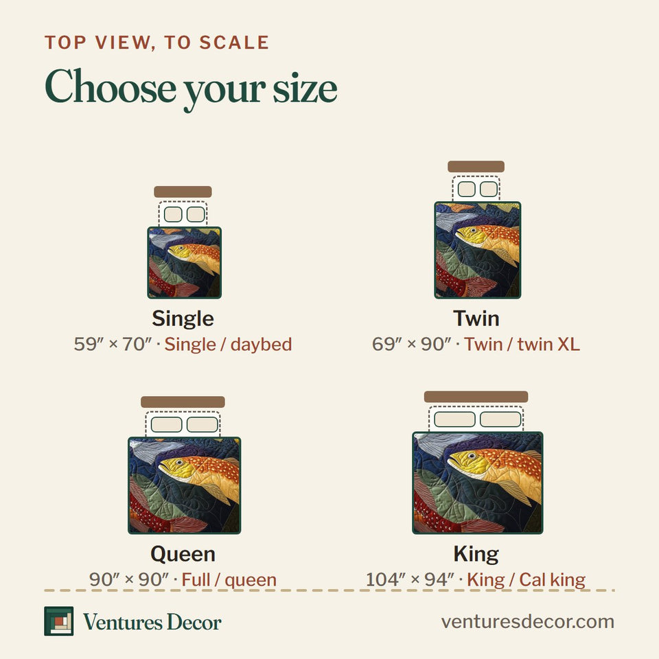Size guide for the Treasuresfish quilt, top view to scale: Single 59 x 70 in, Twin 69 x 90 in, Queen 90 x 90 in, King 104 x 94 in