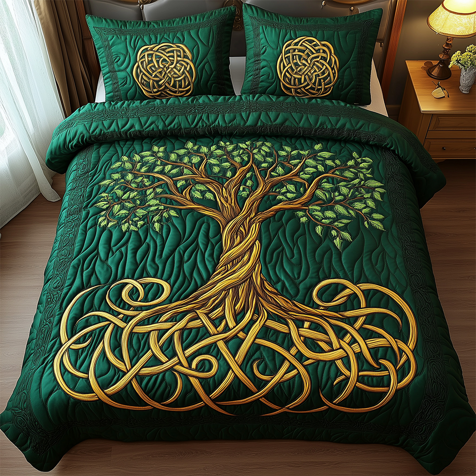 Tree Of Life Bare Gold Branches Woven Roots quilted bedding set, quilt and two pillow shams on a made bed