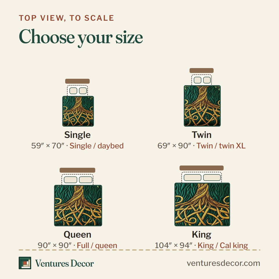 Size guide for the Tree Of Life Bare Gold Branches Woven Roots quilt, top view to scale: Single 59 x 70 in, Twin 69 x 90 in, Queen 90 x 90 in, King 104 x 94 in
