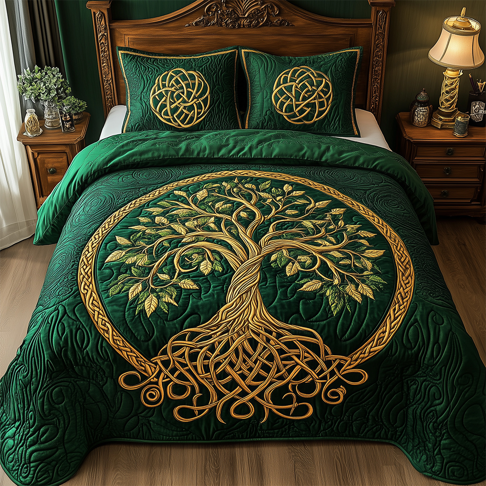 Tree Of Life Emerald Gold Knotwork Ring quilted bedding set, quilt and two pillow shams on a made bed