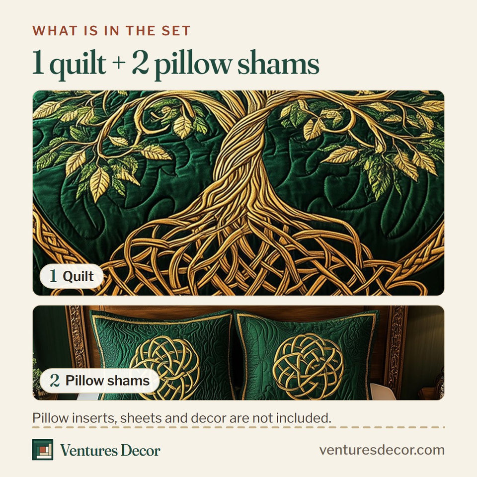 What is in the set: one quilt and two pillow shams, shown in the Tree Of Life Emerald Gold Knotwork Ring design