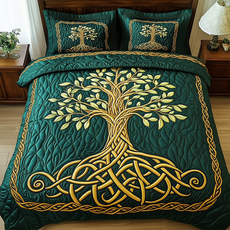 Tree Of Life Golden Braided Roots Forest Green quilted bedding set, quilt and two pillow shams on a made bed