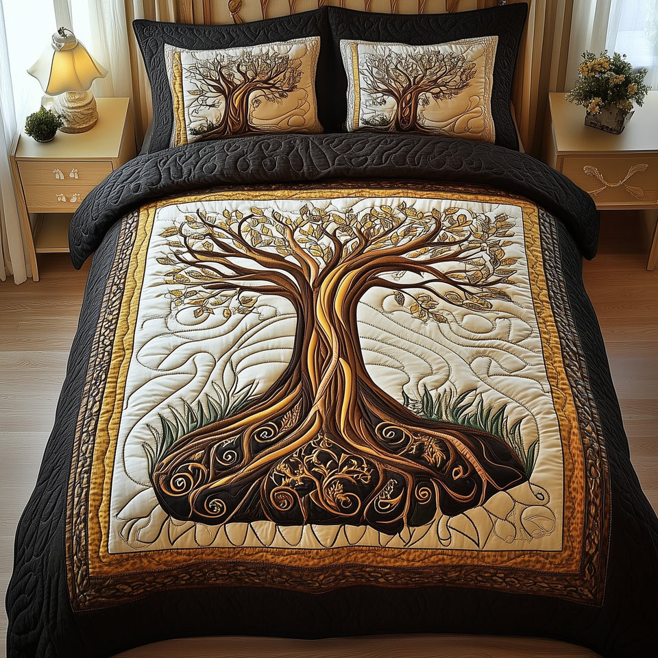 Tree Of Life Golden Swirl Roots Charcoal Frame quilted bedding set, quilt and two pillow shams on a made bed