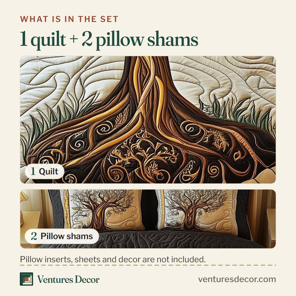 What is in the set: one quilt and two pillow shams, shown in the Tree Of Life Golden Swirl Roots Charcoal Frame design
