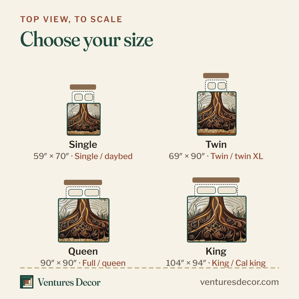 Size guide for the Tree Of Life Golden Swirl Roots Charcoal Frame quilt, top view to scale: Single 59 x 70 in, Twin 69 x 90 in, Queen 90 x 90 in, King 104 x 94 in
