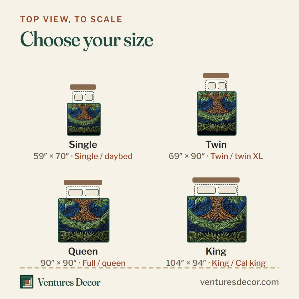 Size guide for the Tree Of Life Green Canopy Blue Celtic Circle quilt, top view to scale: Single 59 x 70 in, Twin 69 x 90 in, Queen 90 x 90 in, King 104 x 94 in