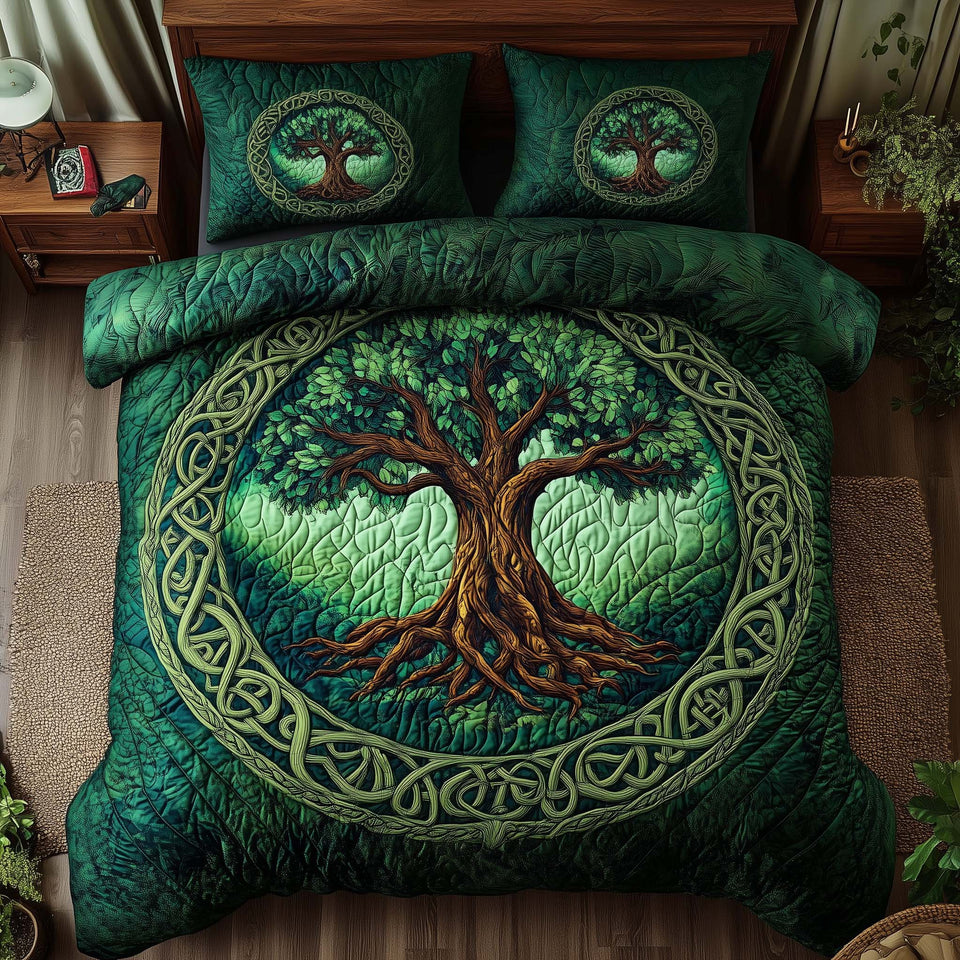 Tree Of Life Green Celtic Knot Ring quilted bedding set, quilt and two pillow shams on a made bed