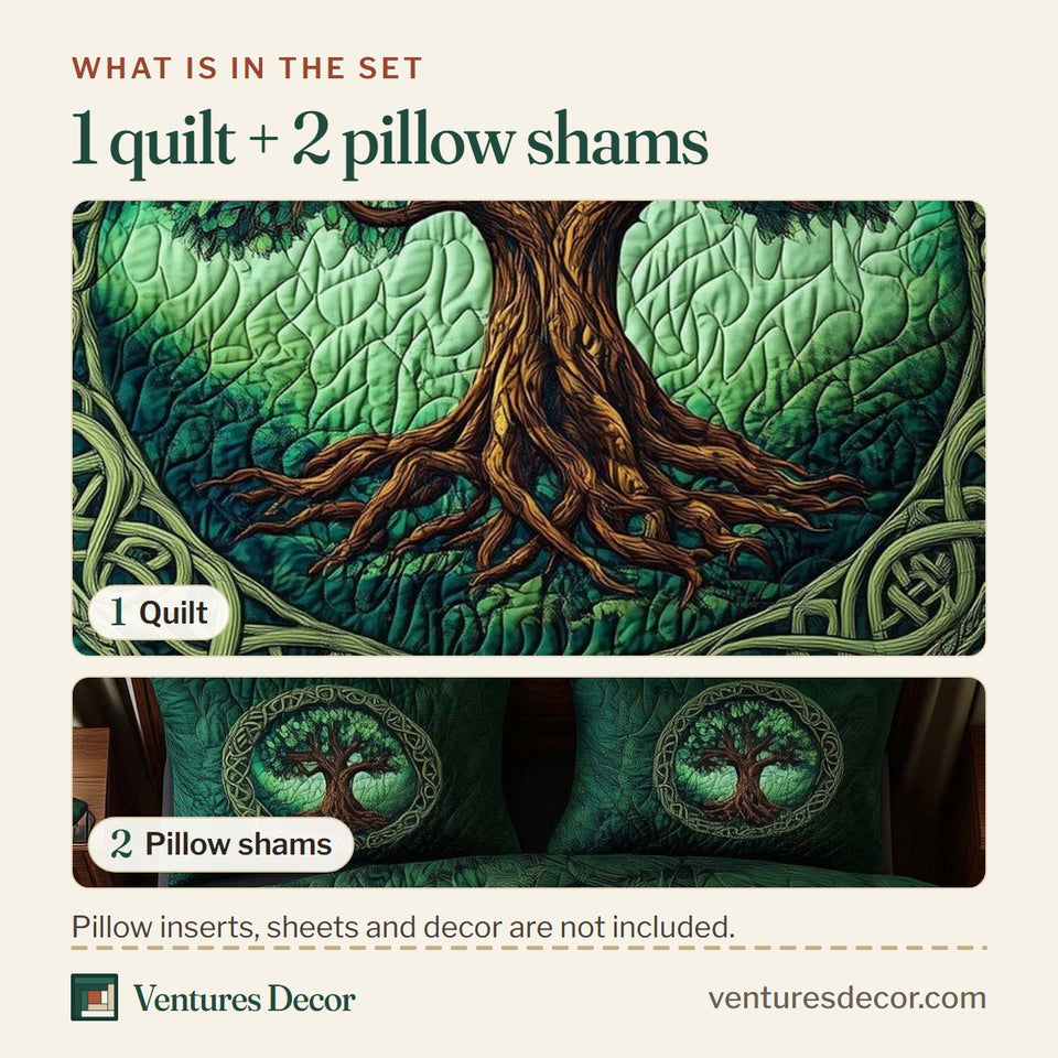 What is in the set: one quilt and two pillow shams, shown in the Tree Of Life Green Celtic Knot Ring design