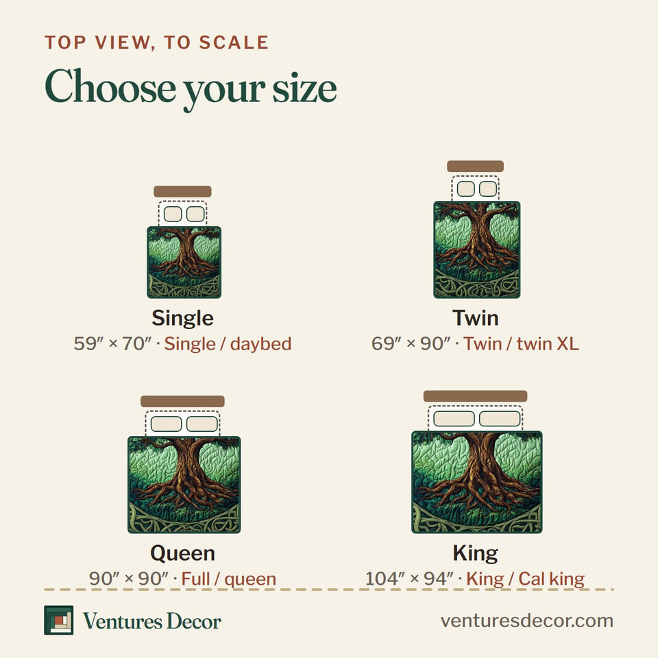 Size guide for the Tree Of Life Green Celtic Knot Ring quilt, top view to scale: Single 59 x 70 in, Twin 69 x 90 in, Queen 90 x 90 in, King 104 x 94 in
