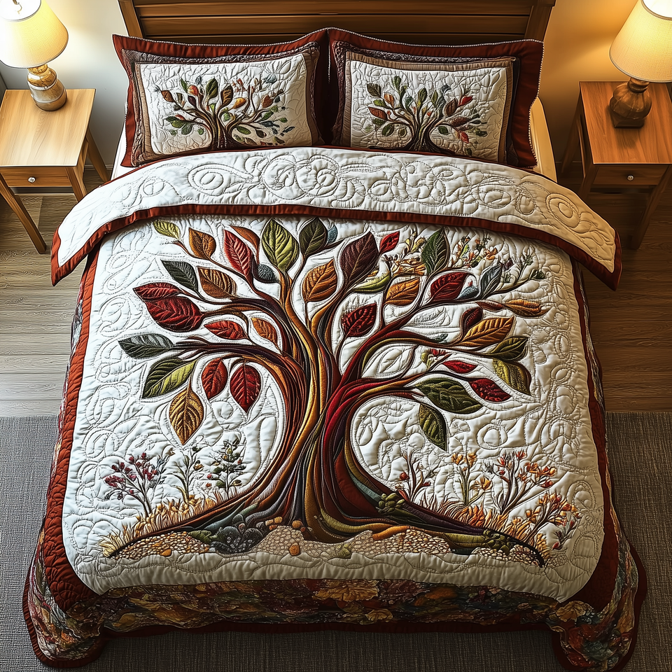 Tree Of Life Ivory Quilt Red Border quilted bedding set, quilt and two pillow shams on a made bed